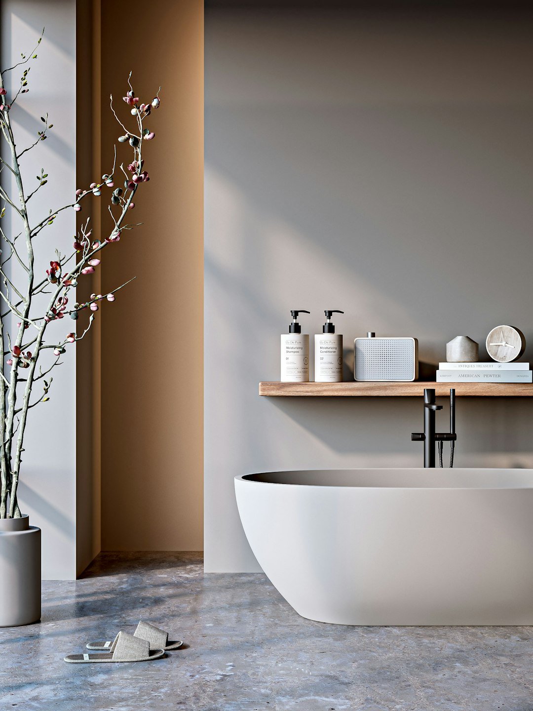 Calm luxury bathroom with warm neutral finishes