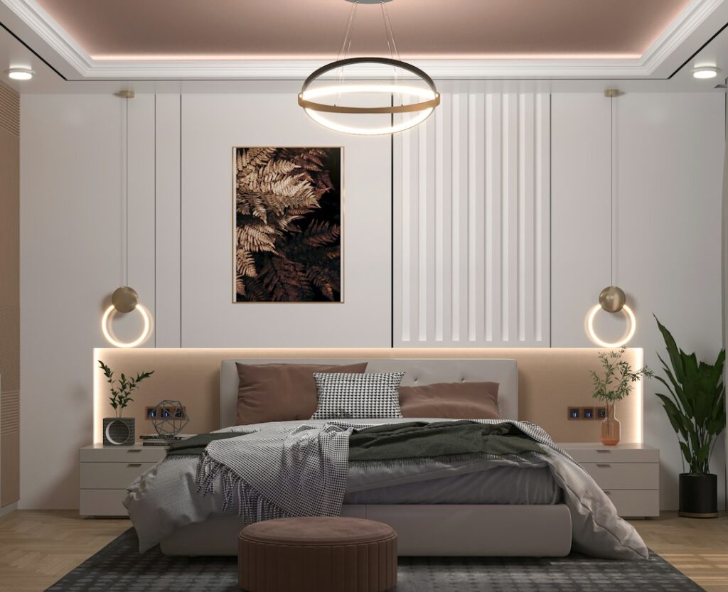 Warm neutral modern bedroom with soft natural light