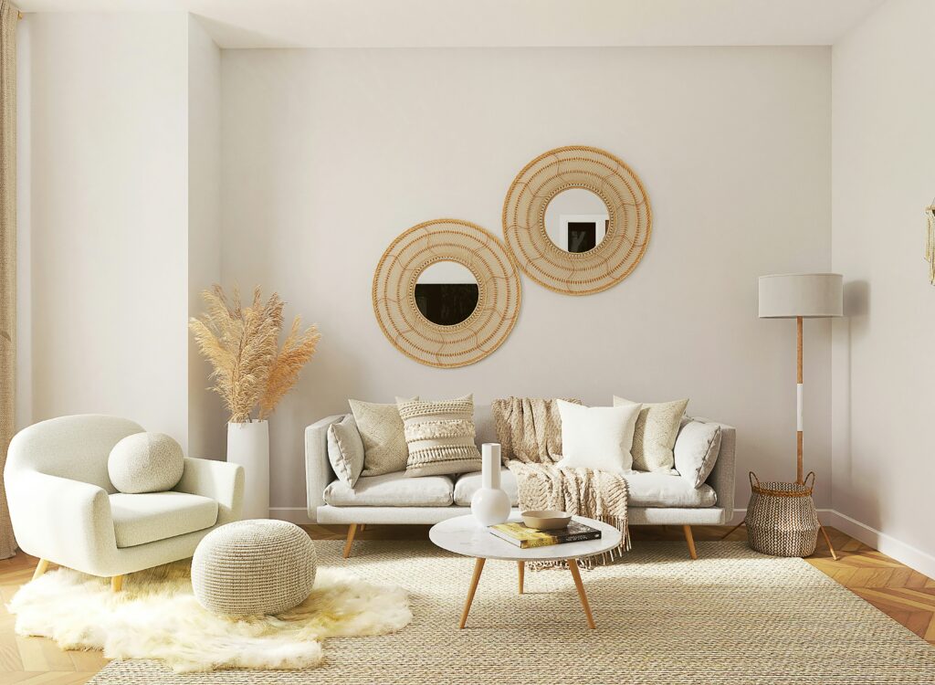 Warm modern living room with elegant lighting and neutral home decor