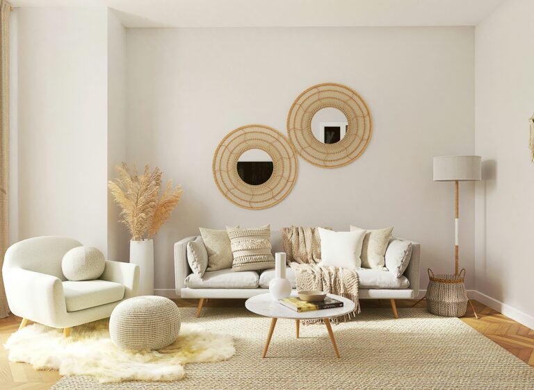 Warm modern living room with elegant lighting and neutral home decor
