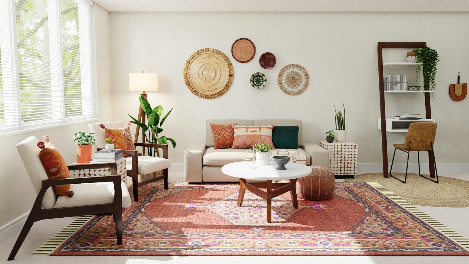 Bright modern living room with warm terracotta accents, woven wall décor and natural plants