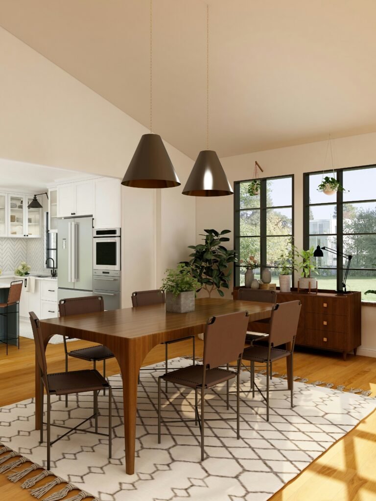 Warm dining room with modern pendant lighting above a wooden table