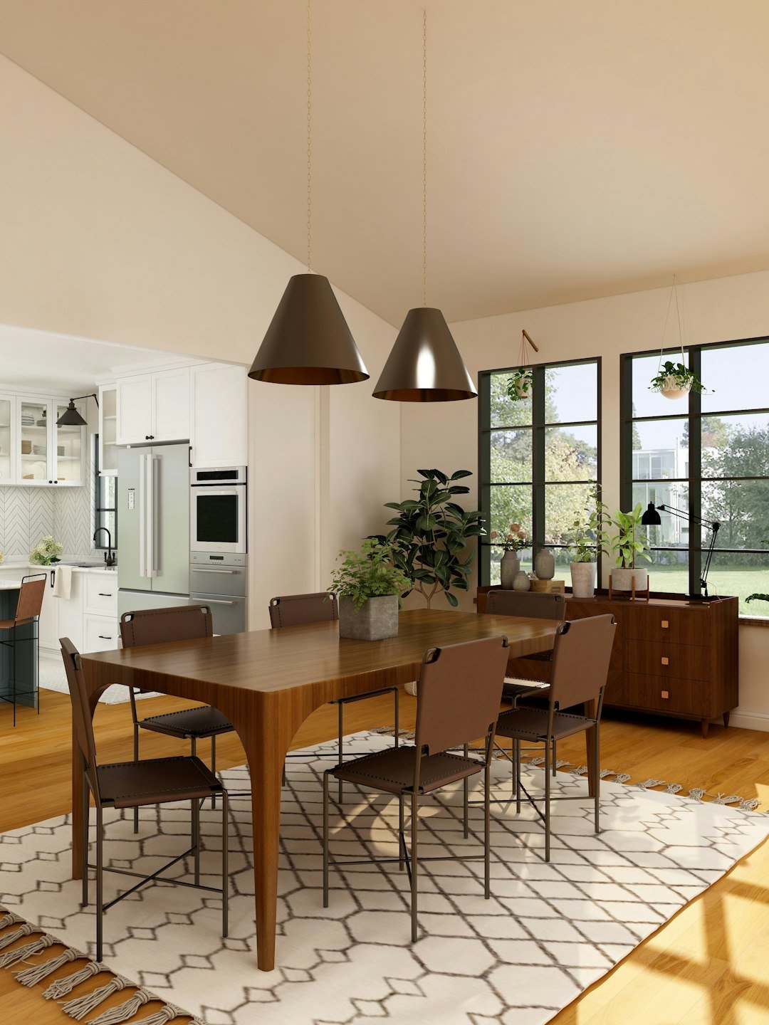 Warm dining room with modern pendant lighting