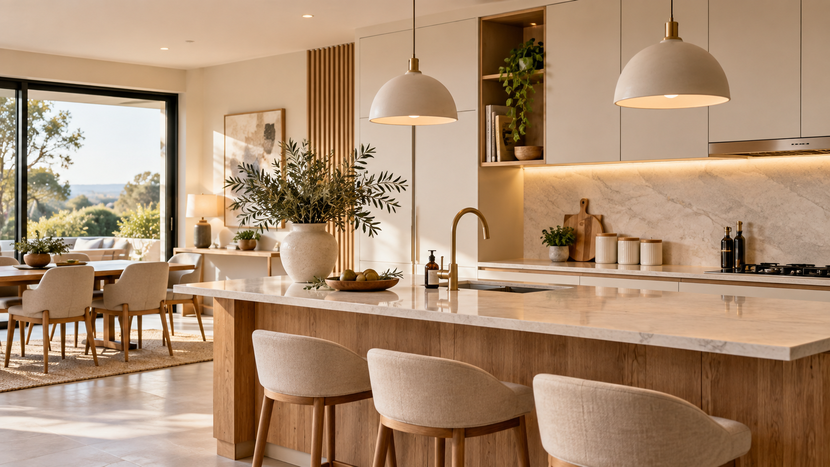 Warm modern kitchen and dining interior for HomeGlo Shop the Look
