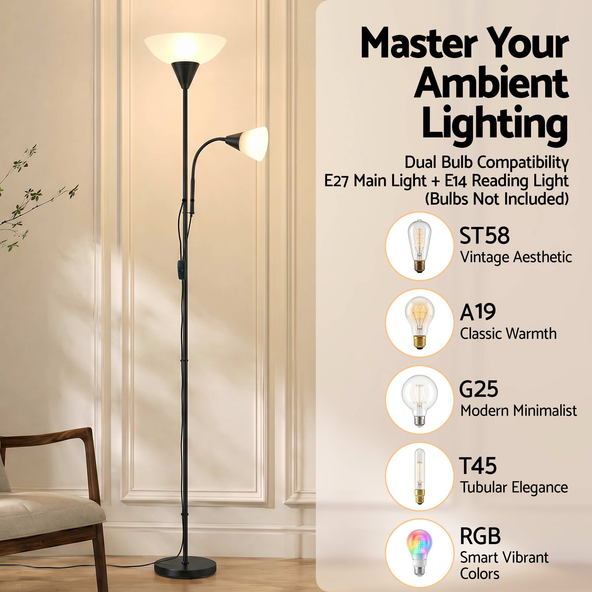 Artiss Floor Lamp Mother and Child Modern Home Living Room Office Reading Black - Image 6