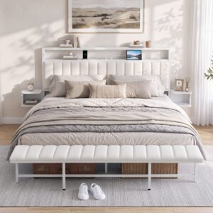 Artiss King Metal Bed Frame Boucle Headboard Charging Station Side Table White