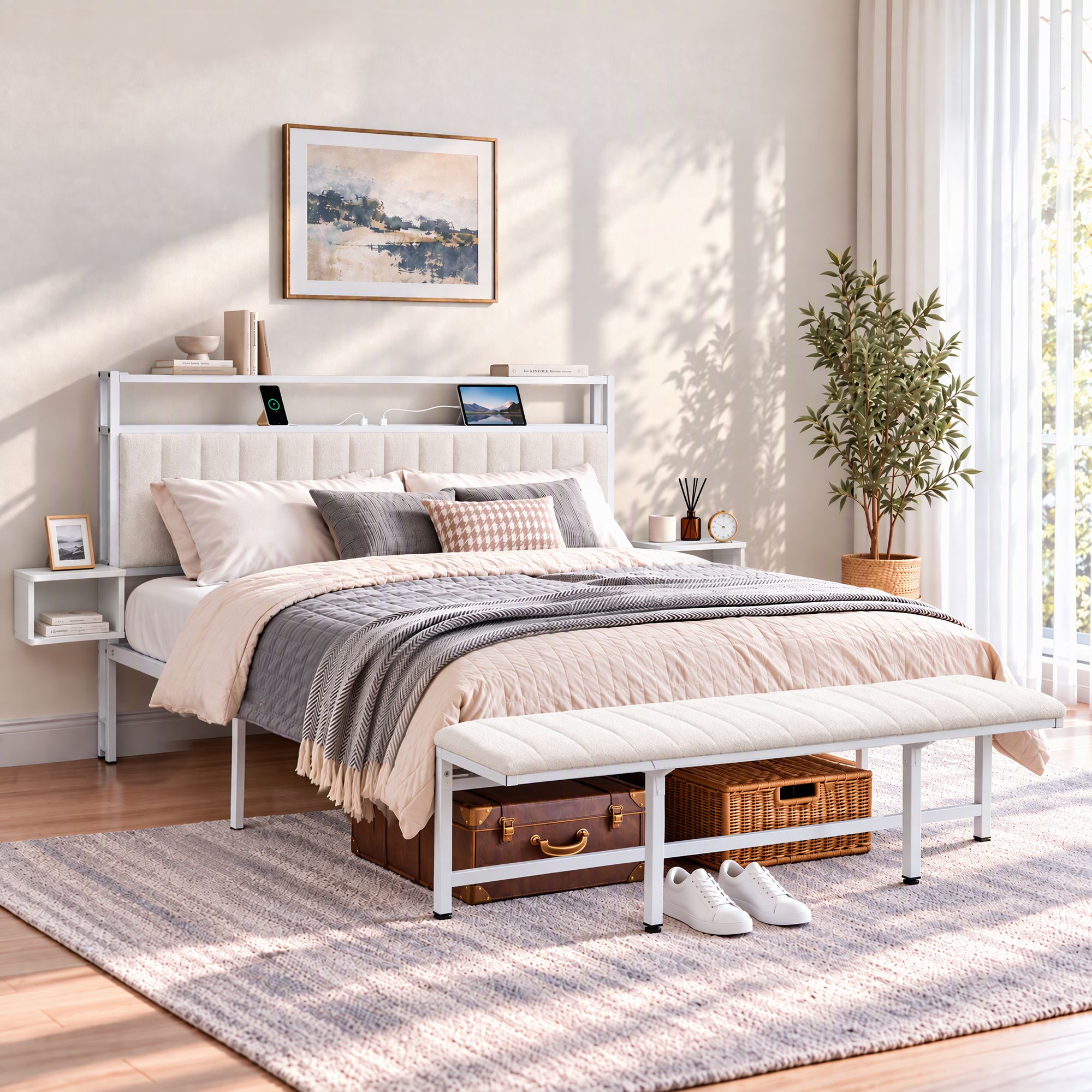 Artiss King Metal Bed Frame Boucle Headboard Charging Station Side Table White - Image 2