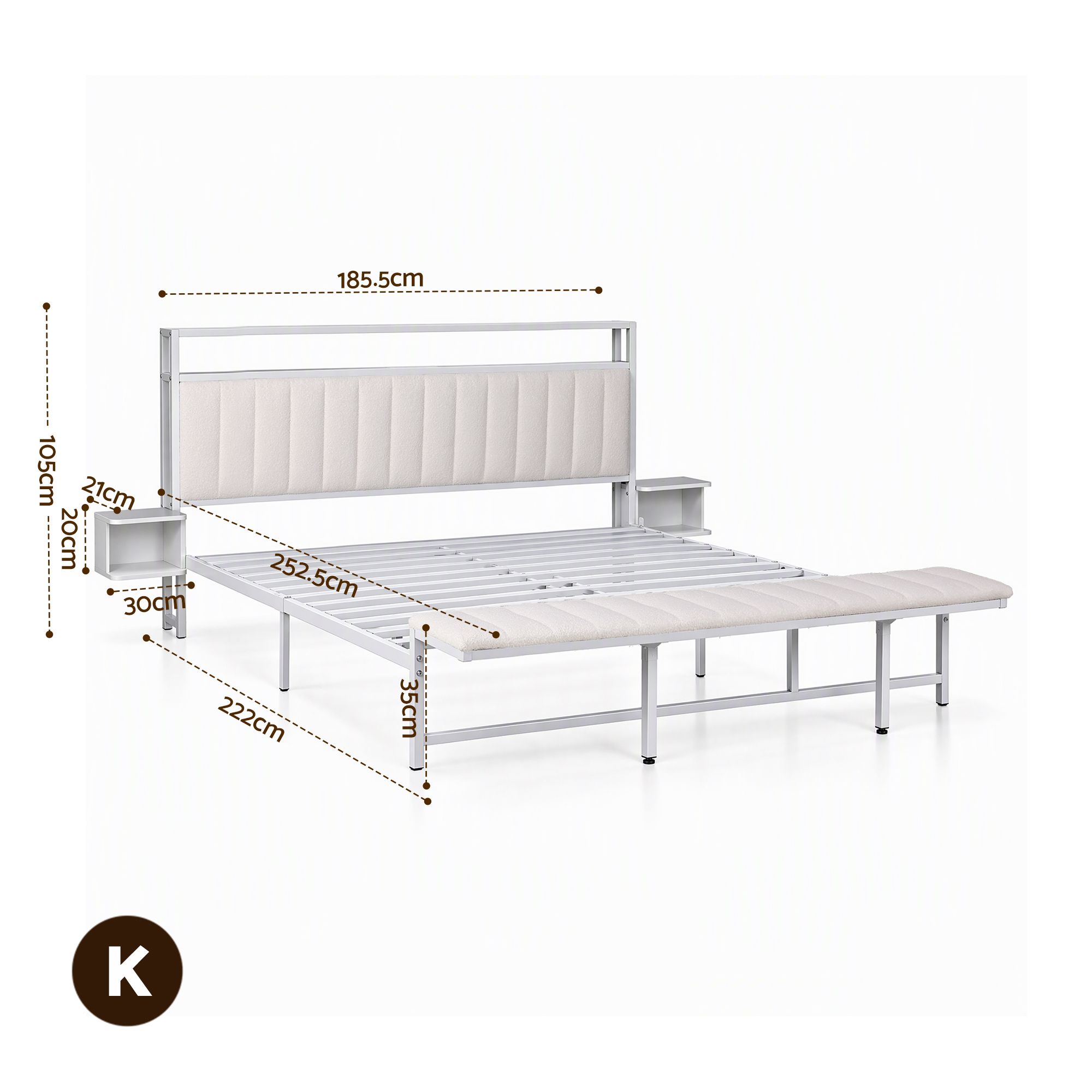 Artiss King Metal Bed Frame Boucle Headboard Charging Station Side Table White - Image 3
