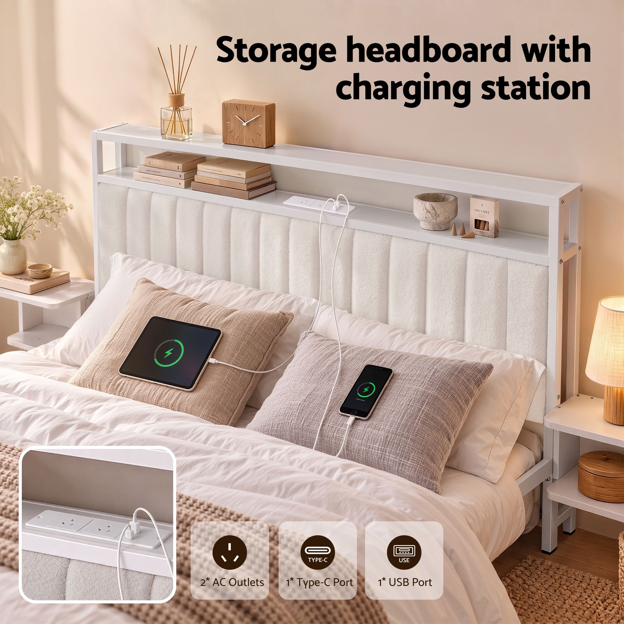 Artiss King Metal Bed Frame Boucle Headboard Charging Station Side Table White - Image 4