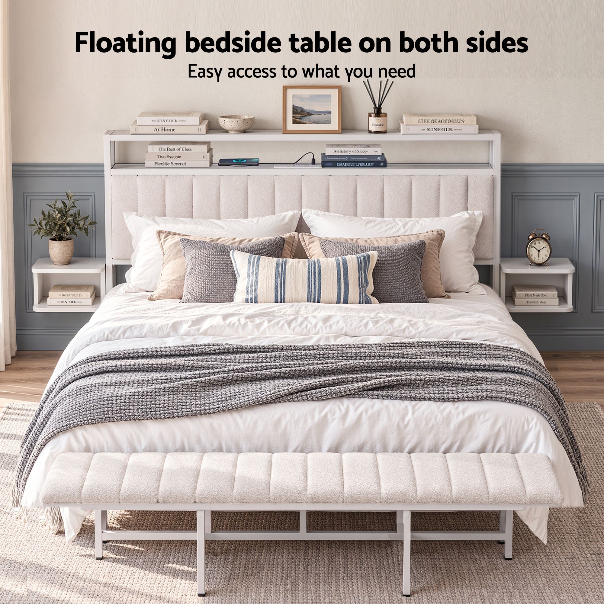 Artiss King Metal Bed Frame Boucle Headboard Charging Station Side Table White - Image 5