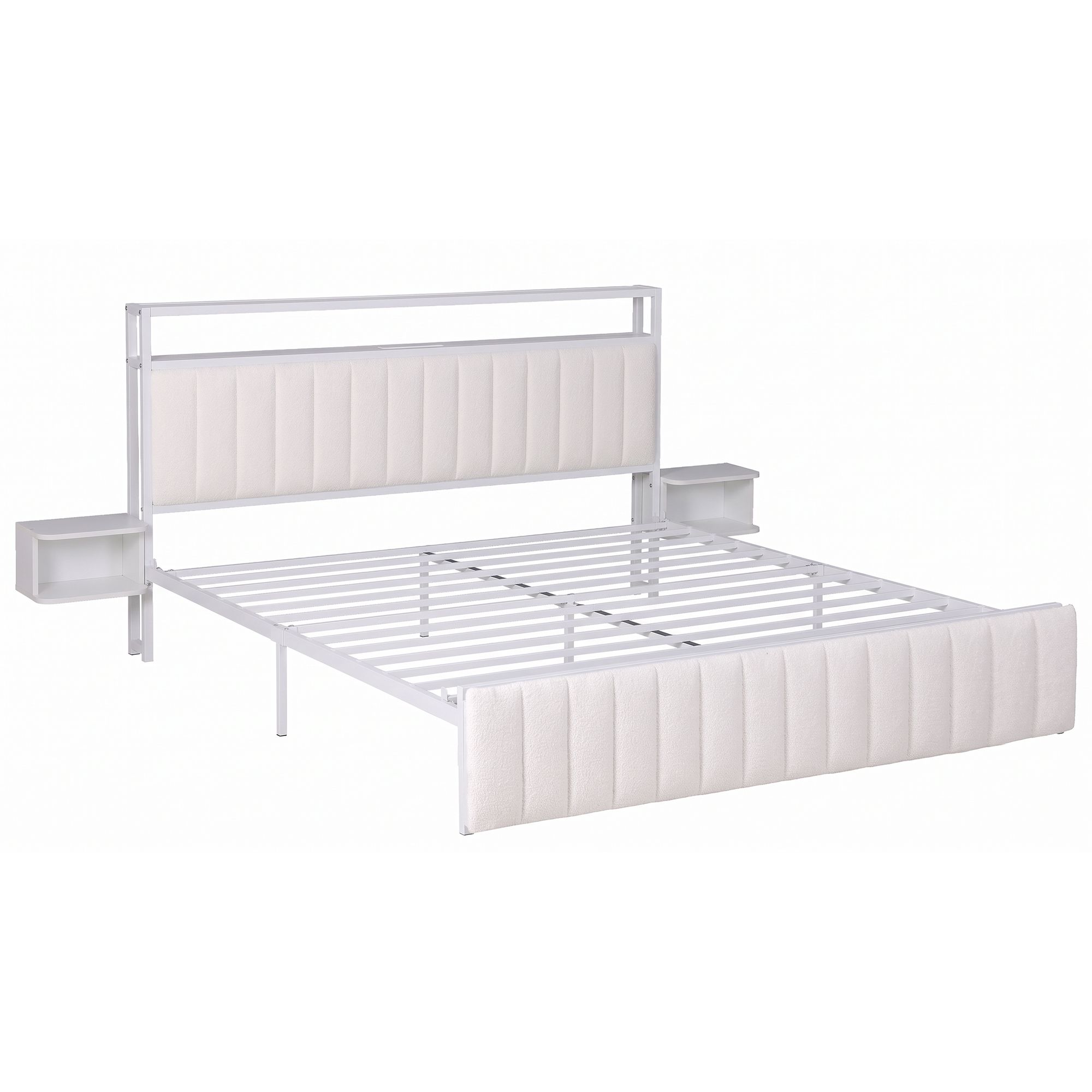 Artiss King Metal Bed Frame Boucle Headboard Charging Station Side Table White - Image 8