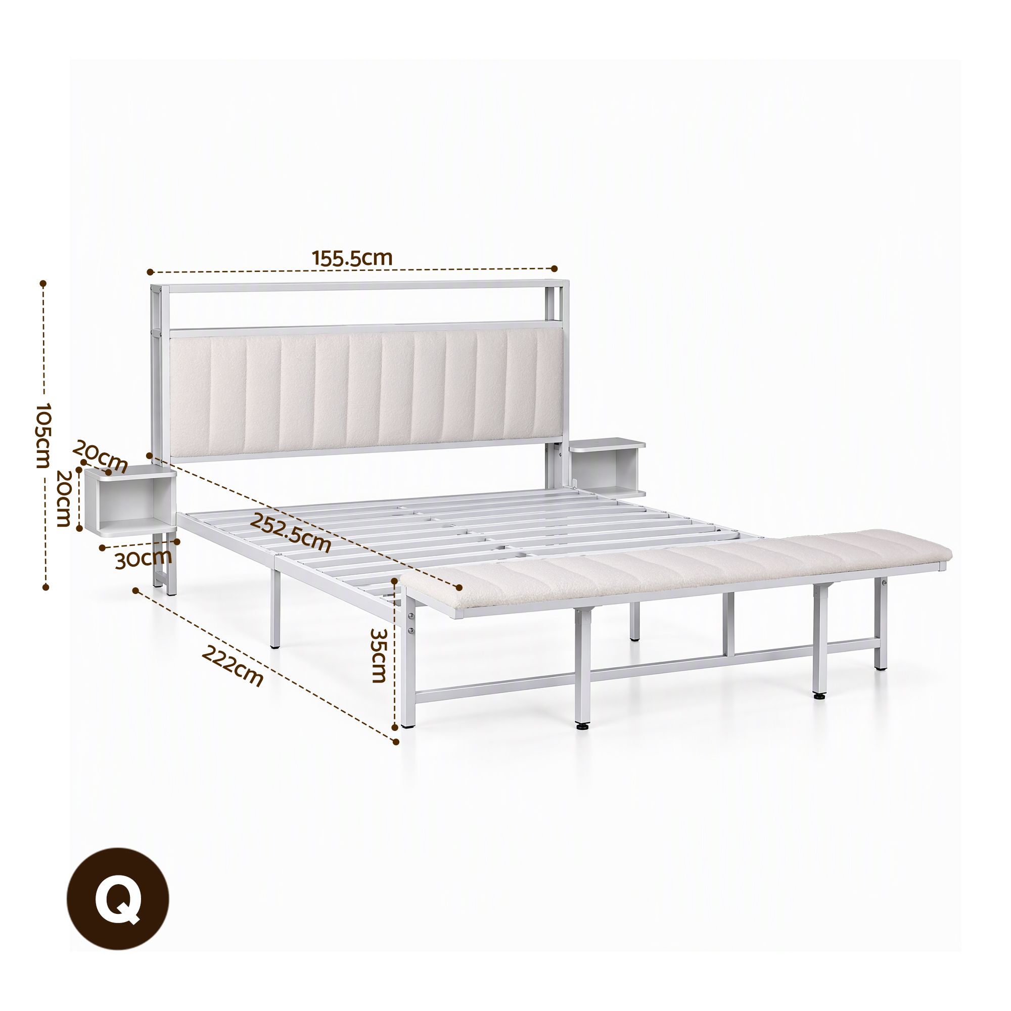Artiss Queen Metal Bed Frame Boucle Headboard Charging Station Side Table White - Image 2