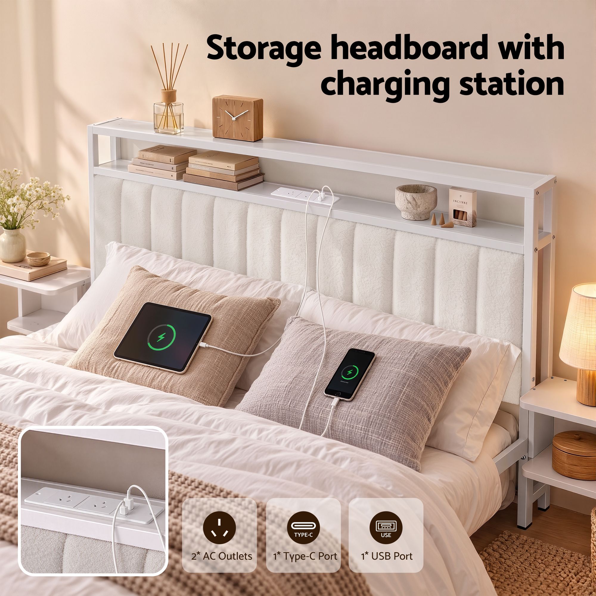 Artiss Queen Metal Bed Frame Boucle Headboard Charging Station Side Table White - Image 3