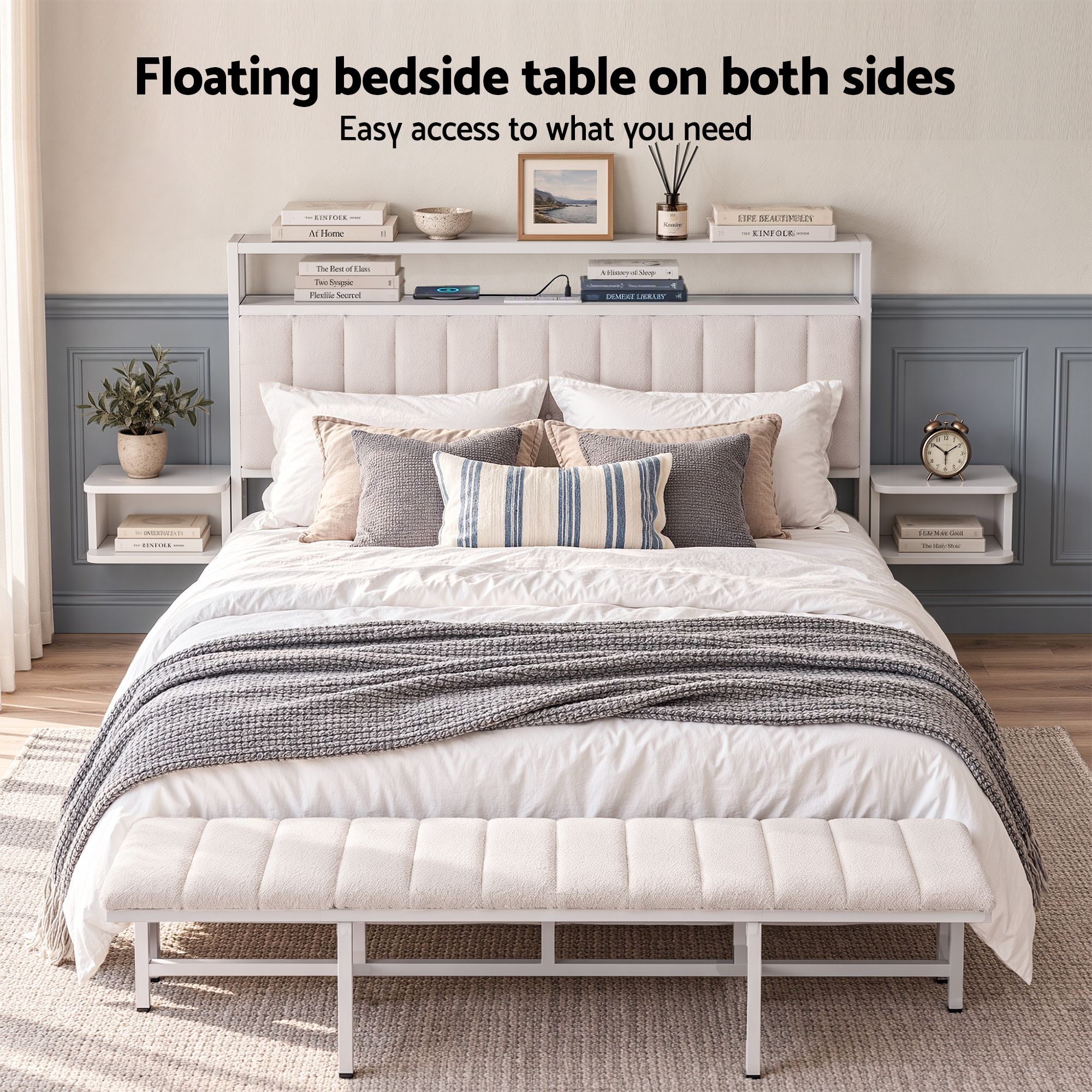 Artiss Queen Metal Bed Frame Boucle Headboard Charging Station Side Table White - Image 4