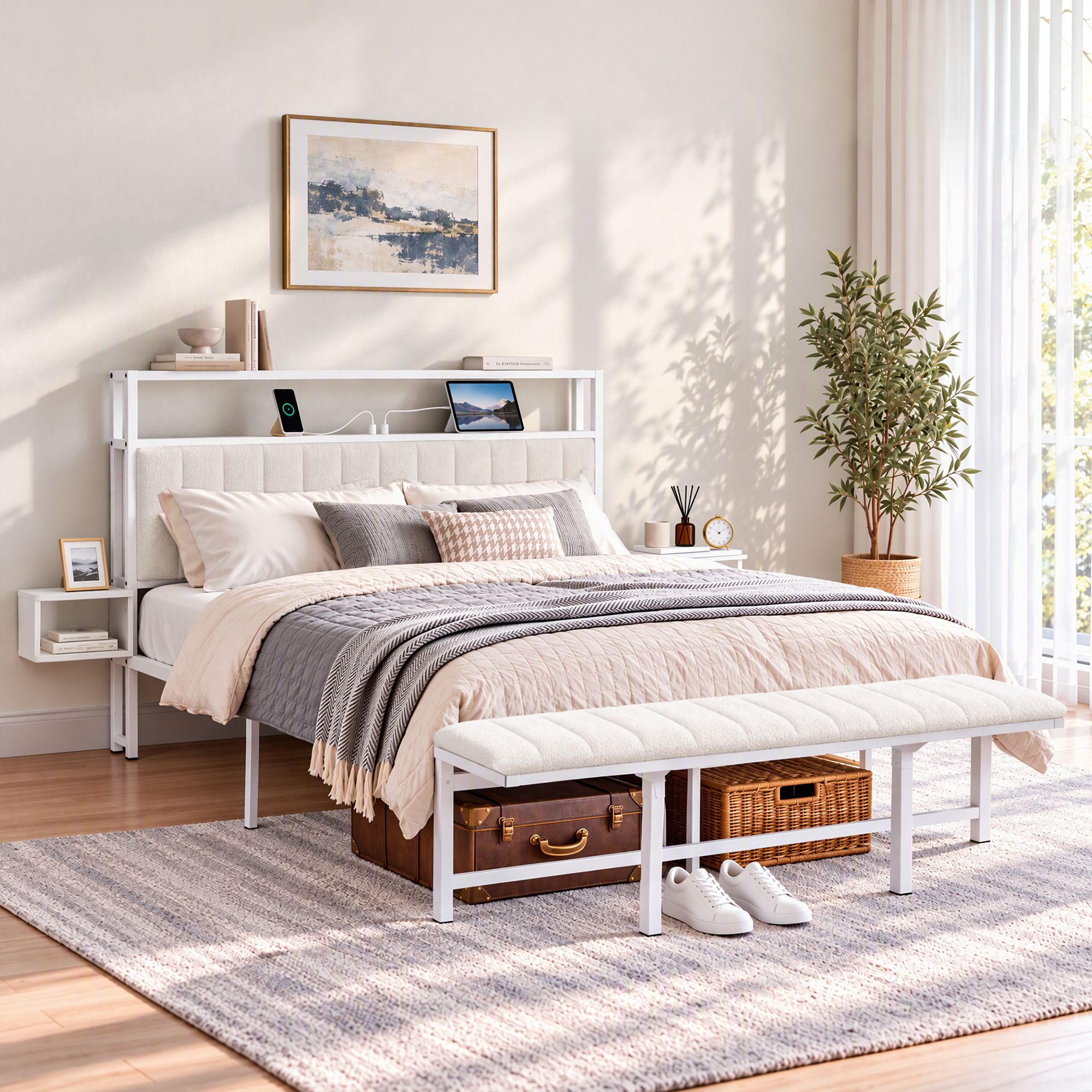 Artiss Queen Metal Bed Frame Boucle Headboard Charging Station Side Table White - Image 7