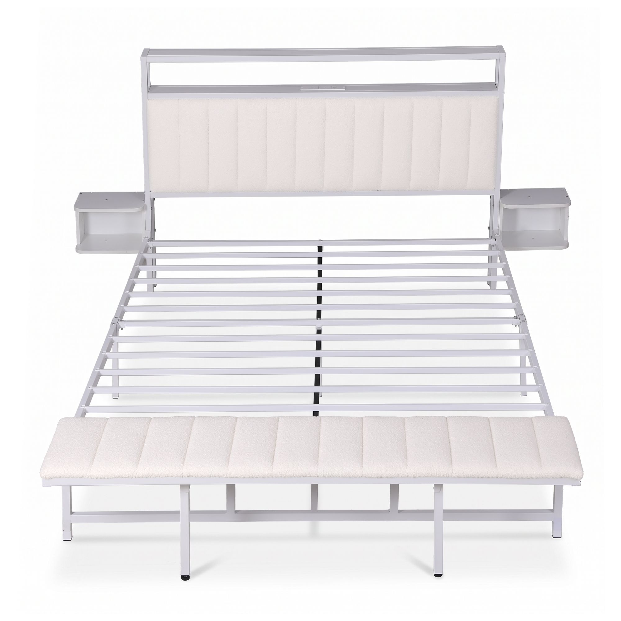 Artiss Queen Metal Bed Frame Boucle Headboard Charging Station Side Table White - Image 8