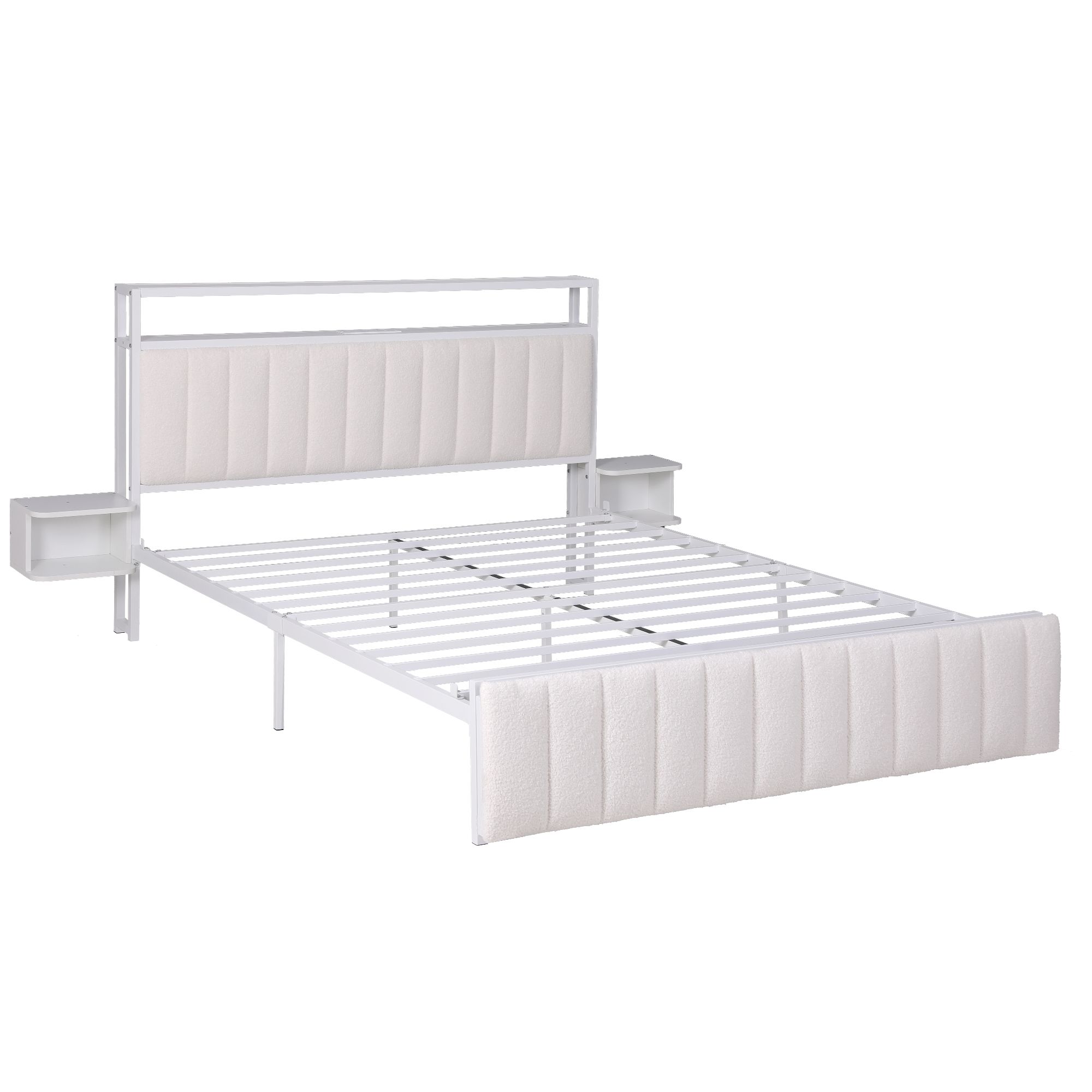 Artiss Queen Metal Bed Frame Boucle Headboard Charging Station Side Table White - Image 9