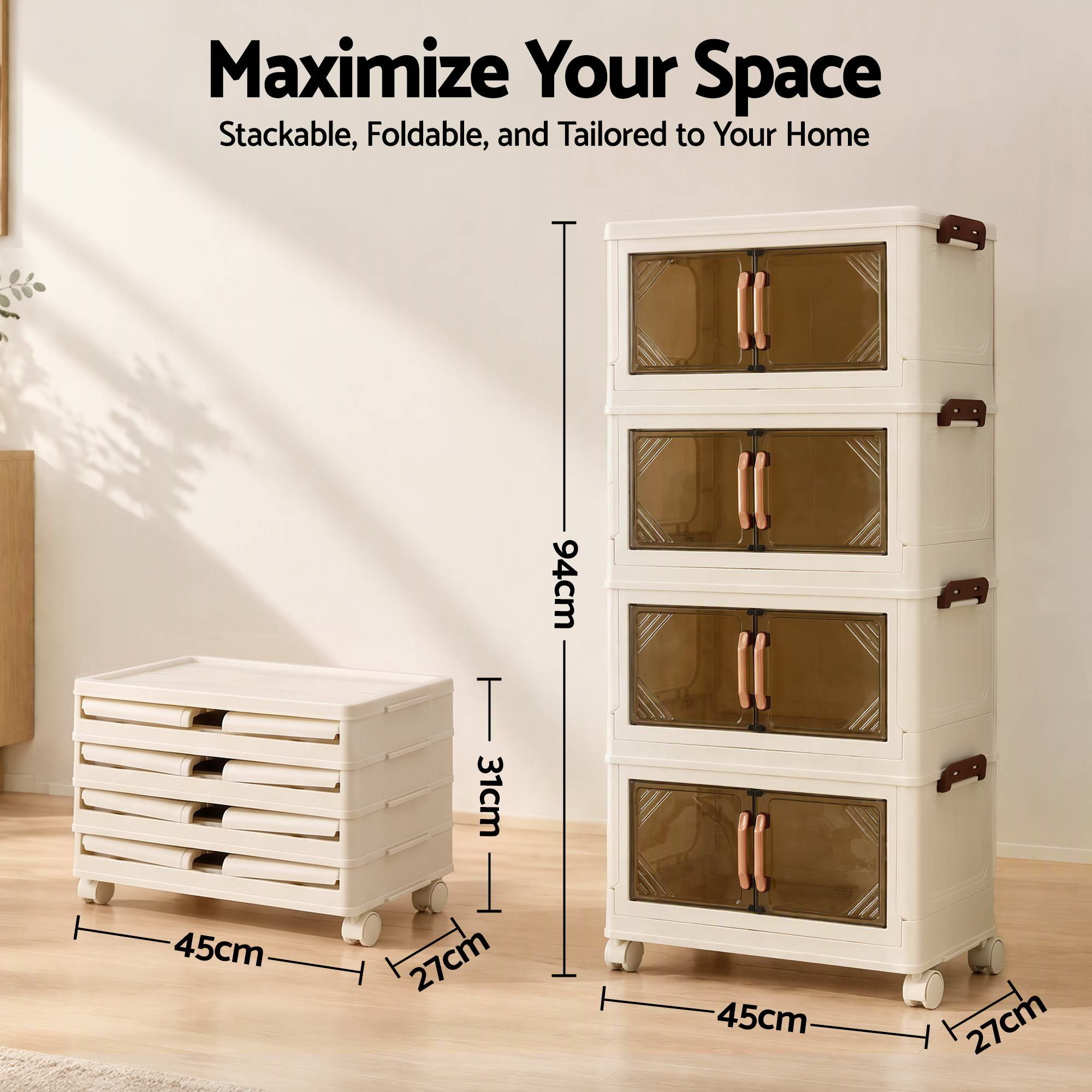 Artiss 4-Tier Foldable Storage Cabinet Stackable Box Clear Magnetic Door White - Image 4
