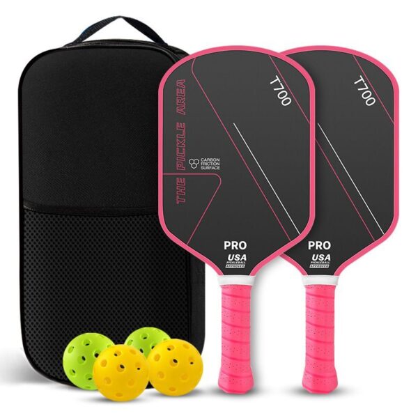 Pickleball Paddles Set of 2,  T700 Carbon Fiber Pickleball Rackets with 4 Balls & Carry Bag –  Rose red - Size T700