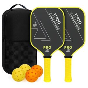 Pickleball Paddles Set of 2,  T700 Carbon Fiber Pickleball Rackets with 4 Balls & Carry Bag – Yellow - Size T700