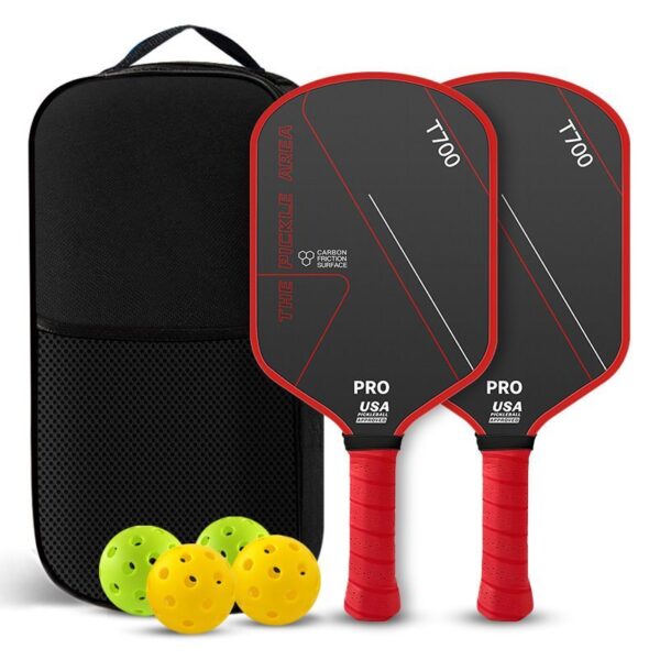 Pickleball Paddles Set of 2,  T700 Carbon Fiber Pickleball Rackets with 4 Balls & Carry Bag – red - Red - Size T700