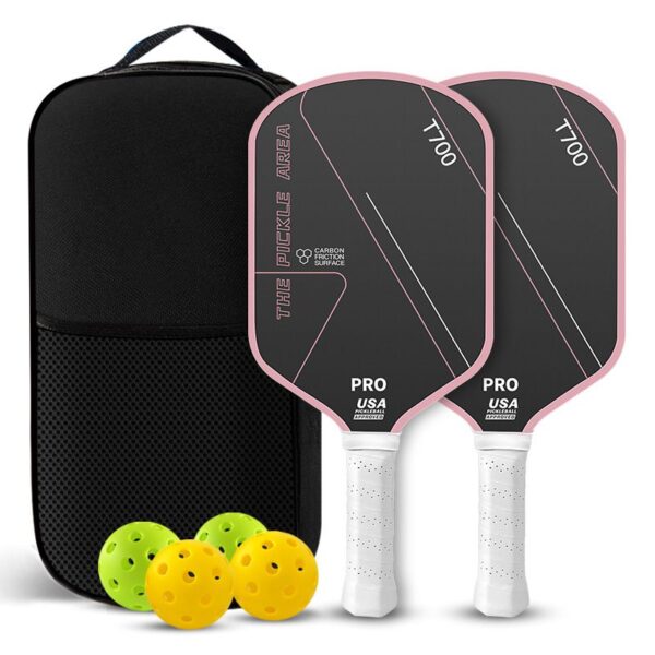 Pickleball Paddles Set of 2,  T700 Carbon Fiber Pickleball Rackets with 4 Balls & Carry Bag – Pink - Pink - Size T700