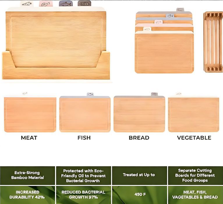 Wooden Cutting Boards 4 Piece Food Classification Cutting Board Durable Bamboo Material Practical Kitchen Gadgets Ideal Charcuterie & Chopping for Meat, Vegetables and Fruits Ideal Kitchen Gifts - Image 2