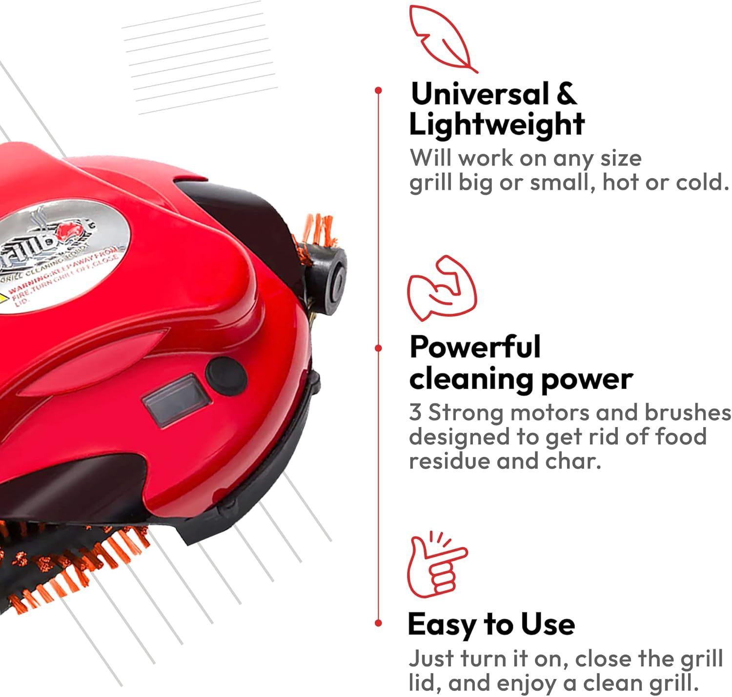 Automatic Grill Cleaning Robot with Nylon Brushes for Effortless Removal of Grease, Burnt Residue and Food Debris on Any Size Barbecue Grill, Ideal Gift for BBQ Lovers (Red) - Image 6